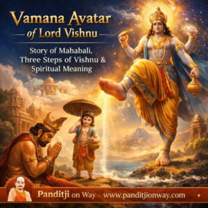 Vamana Avatar of Lord Vishnu measuring the universe in three steps with King Mahabali